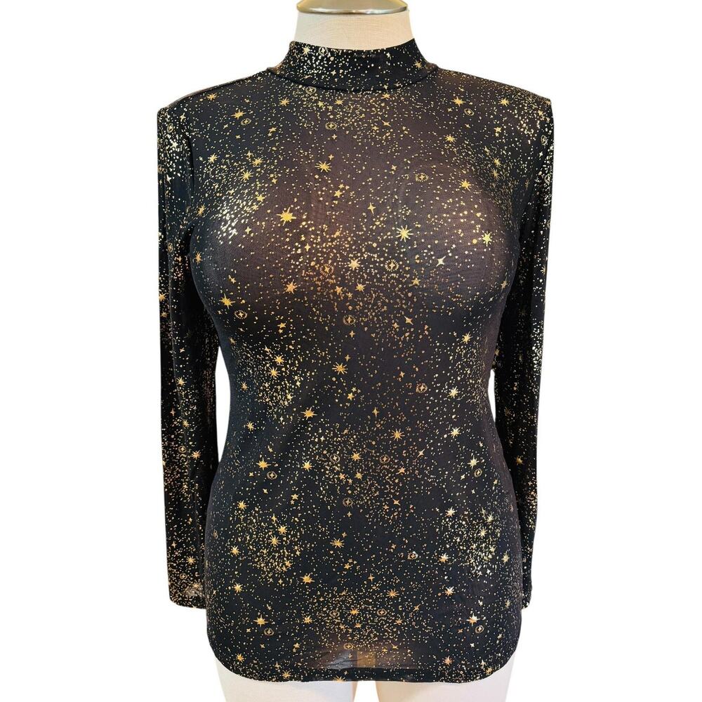 Torrid 3 (3X 22/24) Sexy Black Sheer Mesh Gold Stars Mock Neck Long Sleeve Top